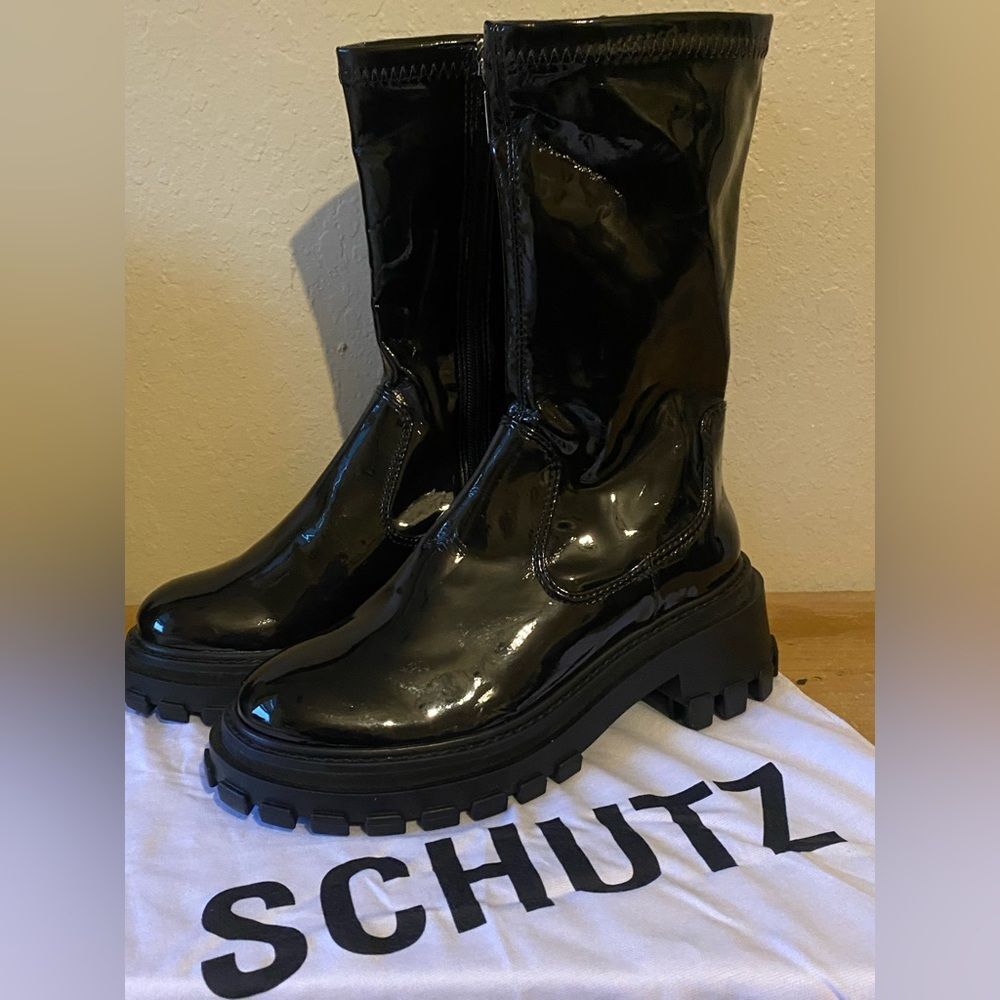 Schutz | Schutz Kendy black patent leather mid-calf boots Lug sole NWOB size 6